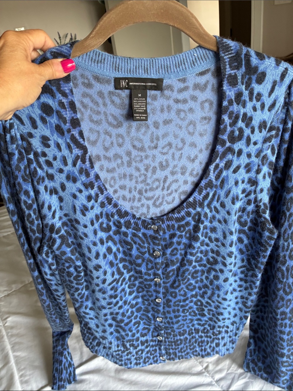 INC International Concepts Blue Leopard-Print Button Cardigan